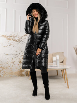 Čierna dámska dlhá prešívaná zimná bunda / kabát s kapucňou Bolf 16M9127