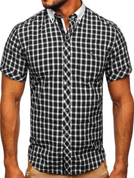Čierna pánska elegantná kockovaná košeľa s krátkymi rukávmi BOLF 5531