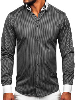 Čierna pánska elegantná pruhovaná košeľa s dlhými rukávmi BOLF 0909