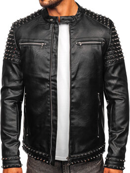 Čierna pánska koženková bunda s ozdobnými cvokmi Bolf 11Z8007