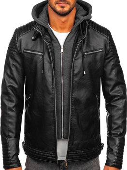 Čierna pánska koženková zateplená bunda s kapucňou Bolf 11Z8063