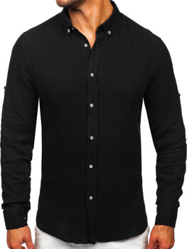 Čierna pánska mušelínová košeľa s dlhými rukávmi Bolf 22746