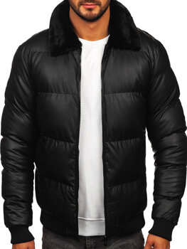 Čierna pánska prešívaná koženková zimná bunda Bolf M8301