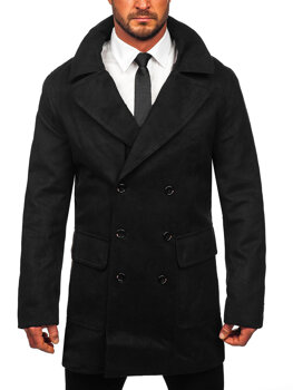 Čierny pánsky zimný dvojradový kabát s vysokým golierom Bolf 1048C
