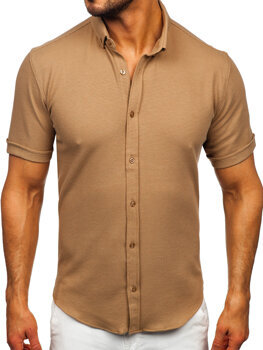 Hnedá pánska mušelínová košeľa s krátkymi rukávmi Bolf 2013