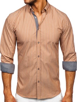 Hnedá pánska pruhovaná košeľa s dlhými rukávmi Bolf 20731-1