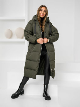 Khaki dámska dlhá prešívaná zimná bunda / kabát s kapucňou Bolf 5M3163