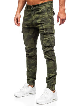 Khaki pánske cargo látkové jogger nohavice s maskáčovým vzorom Bolf 2232