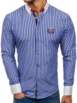 Modrá pánska prúžkovaná košeľa s dlhými rukávmi BOLF 1771