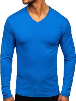 Modré pánske tričko s dlhými rukávmi s výstrihom do V bez potlače Bolf 172008