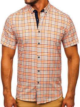 Oranžová pánska károvaná košeľa s krátkym rukávom Bolf 201501