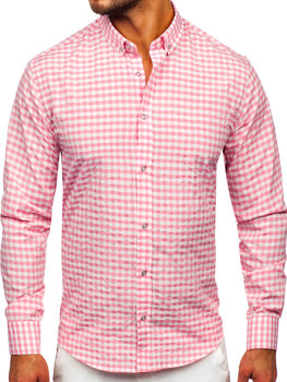 Ružová pánska košeľa vichy s károvaným vzorom a dlhými rukávmi Bolf 22747