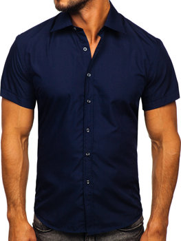 Tmavomodrá pánska elegantá košeľa s krátkymi rukávmi BOLF 7501