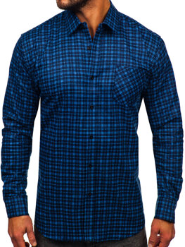 Tmavomodro-modrá pánska flanelová košeľa s károvaným vzorom a dlhými rukávmi Bolf F5