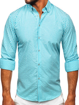 Tyrkysová pánska košeľa s dlhými rukávmi, s pruhovaným vzorom Bolf 22731