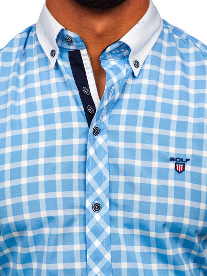 Blankytná pánska elegantná kockovaná košeľa s krátkymi rukávmi BOLF 5531
