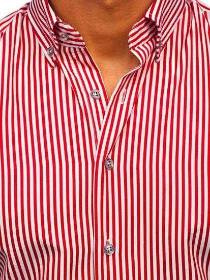 Červená pánska košeľa s dlhými rukávmi, s pruhovaným vzorom Bolf 20726