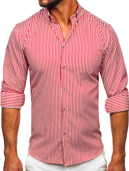 Červená pánska košeľa s dlhými rukávmi, s pruhovaným vzorom Bolf 22731