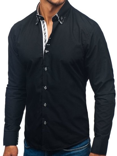 Čierna pánska košeľa s dlhými rukávmi BOLF 3762