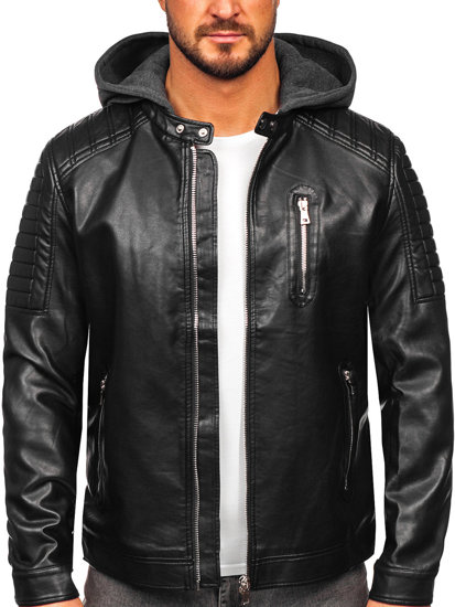 Čierna pánska koženková biker bunda s kapucňou Bolf 11Z8018