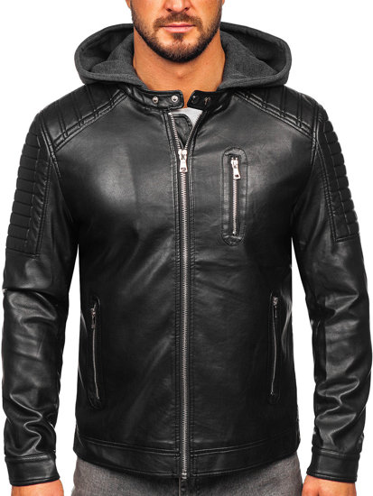Čierna pánska koženková biker bunda s kapucňou Bolf 11Z8018