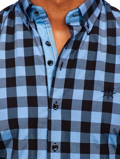 Čierno-blankytne modrá pánska károvaná košeľa s krátkymi rukávmi Bolf 4508
