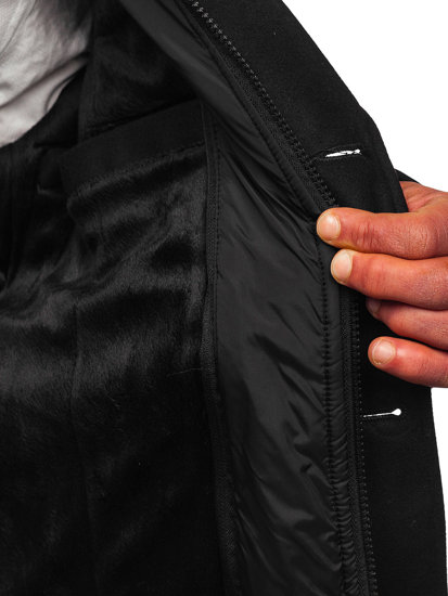 Čierny pánsky zimný kabát s odopínateľným prídavným stojačikovým golierom Bolf M3137