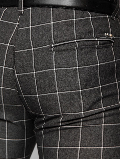 Grafitové pánske látkové chino nohavice s károvaným vzorom Bolf 0044
