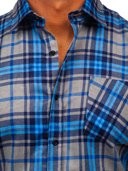 Modrá pánska flanelová košeľa s károvaným vzorom a dlhými rukávmi Bolf F1