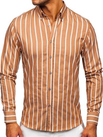 Pánska pruhovaná košeľa s dlhými rukávmi vo farbe ťavej srsti Bolf 20730