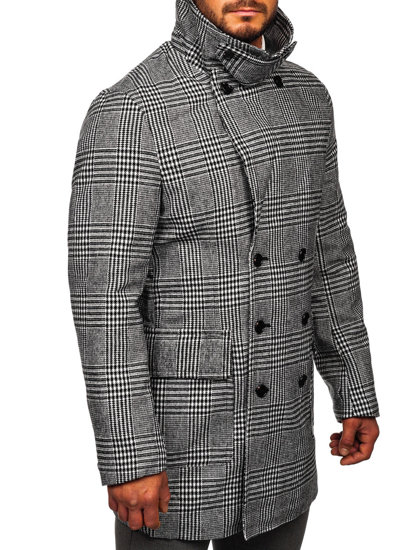 Sivý pánsky zateplený zimný kabát s károvaným vzorom Bolf 1192
