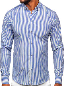 Blankytná modrá pánska košeľa s dlhými rukávmi, s pruhovaným vzorom Bolf 22731