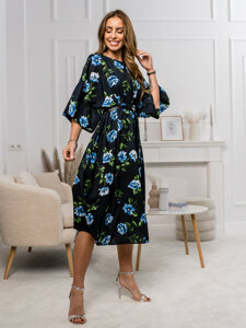 Čierno-modré dámske dlhé šaty s kvetinovým vzorom Bolf XY202116