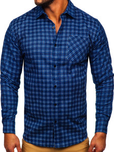 Modrá pánska flanelová košeľa s károvaným vzorom a dlhými rukávmi Bolf F8-2